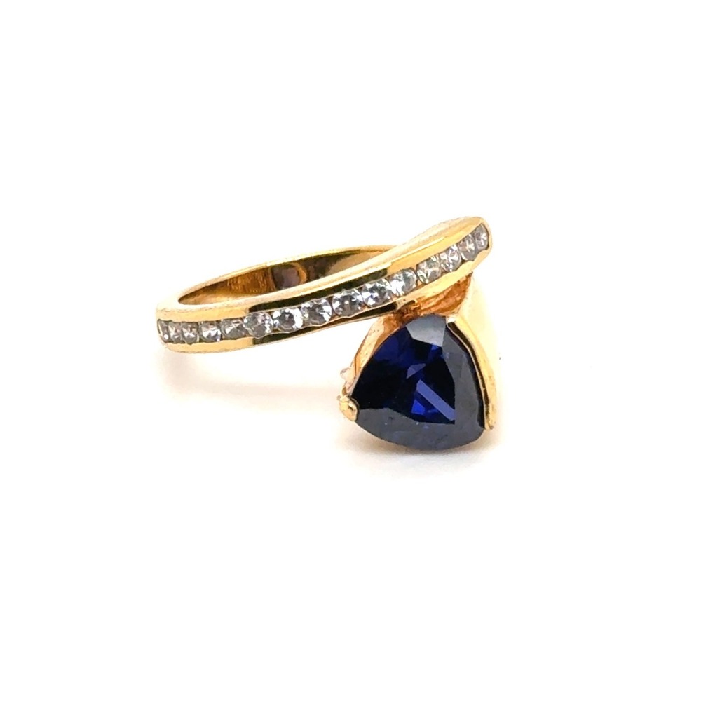 FAS 925 Sterling Silver Gold Tone Trillion Blue Sapphire Bypass Ring Size 8